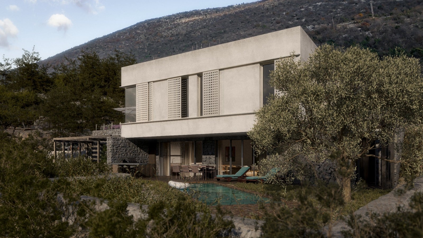 Betonska kuća s bazenom među maslinama